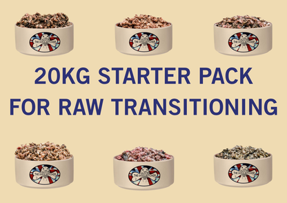 20kg mince only starter pack, for dogs weighing over 10kg up to 27kg feeding 2.5% of body weight see description for contents