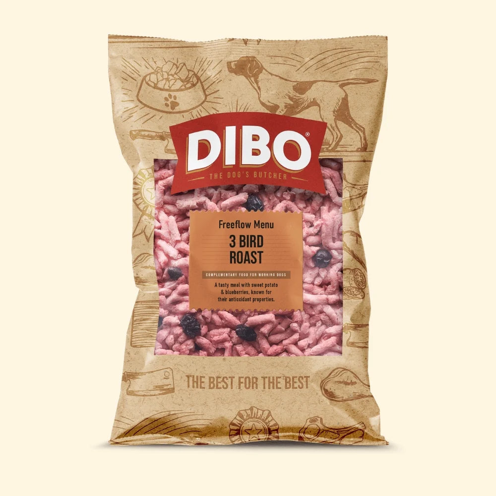 DIBO Free Flow Mince 3 Bird Roast with Pork offal, Sweet Potato and Blueberries 1kg