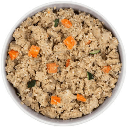 DIBO Fresh dog food with orange carrots in a white bowl on a white background