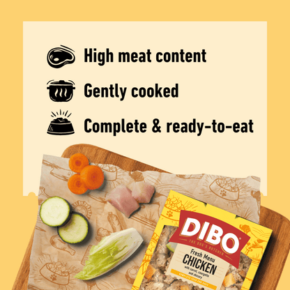 DIBO Fresh Chicken Dog food packaging with ingredients on a wooden board against a yellow background