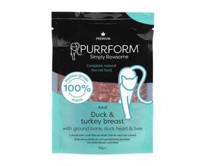 SALE - Purrform POUCHES- Duck with Turkey Breast & Ground Bone with Duck Heart & Liver 6 x 70g POUCHES