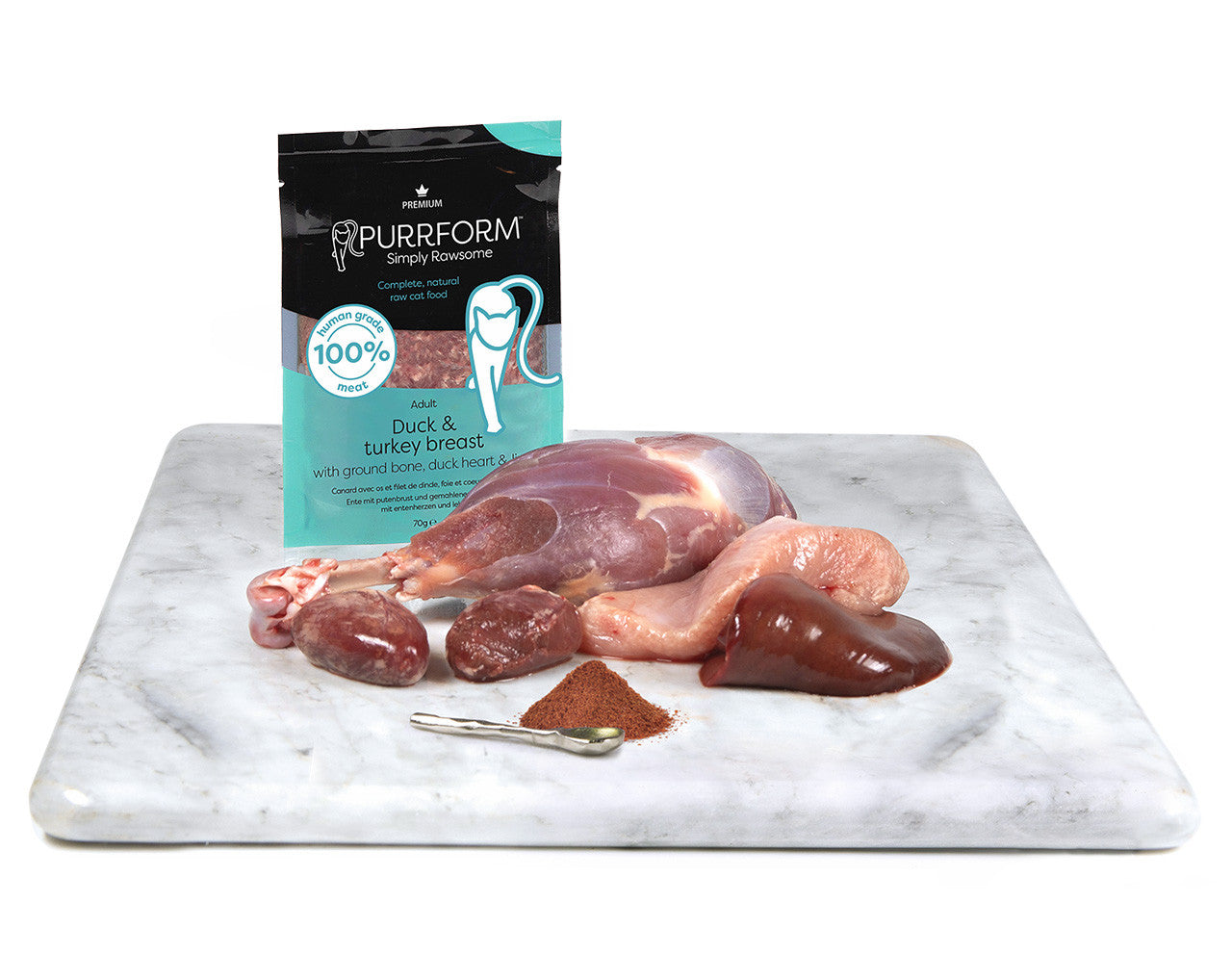 SALE - Purrform POUCHES- Duck with Turkey Breast & Ground Bone with Duck Heart & Liver 6 x 70g POUCHES